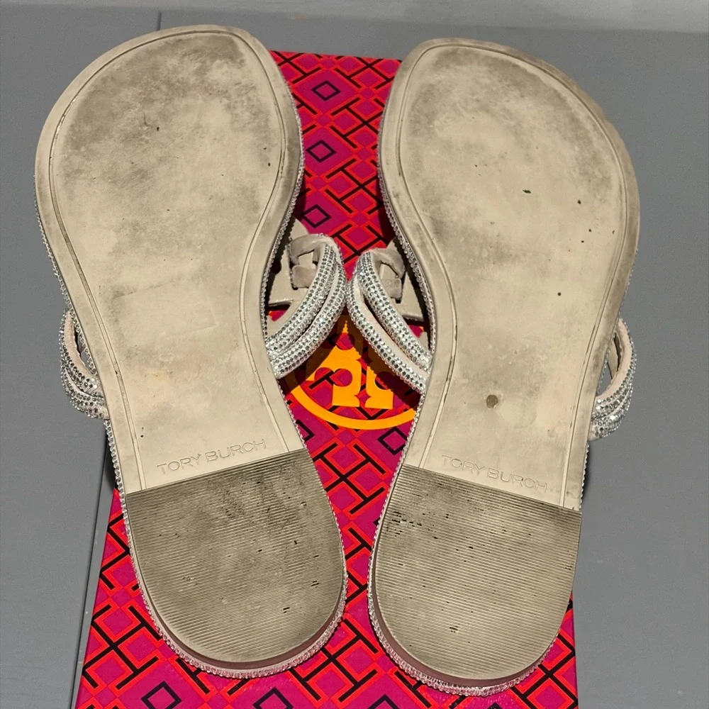 Tory Burch Miller Knotted Pavé Sandals 8.5 Stone Gray Crystal - Picture 10 of 10